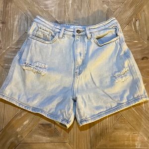 KanCan Denim High Rise Light Wash Distressed Mom Shorts
